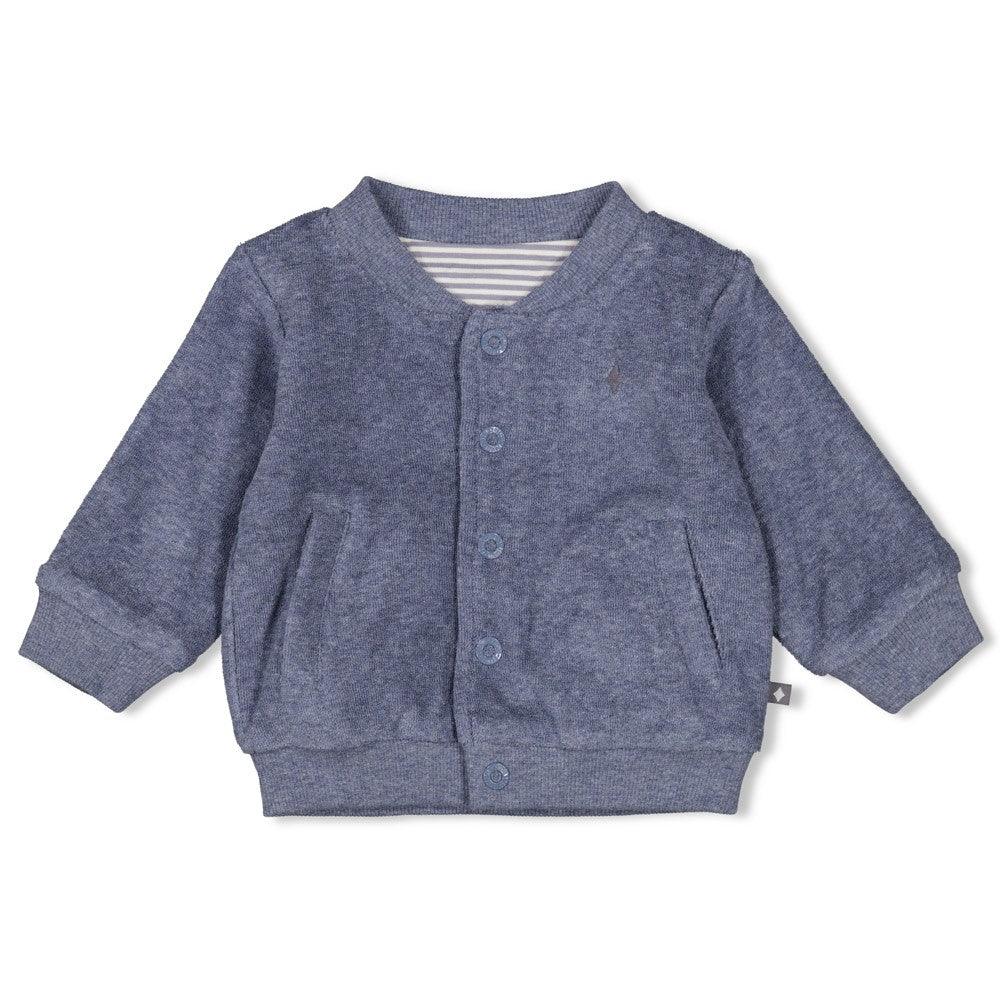 Feetje Reversibel Jasje Farm Life in de kleur Indigo Melange voorzijde